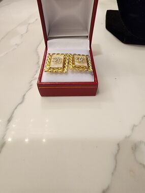 Gold-Tone Square Rope-Edge Earrings with Crystal Accent